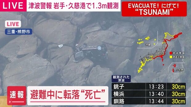 Mujer de 58 Años Muere en Kumano, Japón, al Caer por Acantilado Durante Evacuación por Tsunami